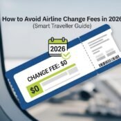 Traveller checking airline ticket change policy on laptop to avoid flight change fees in 2026