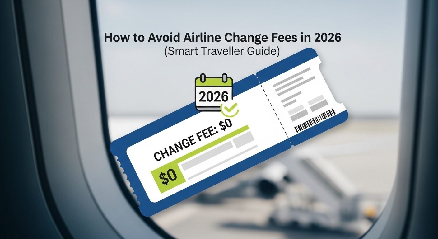 Traveller checking airline ticket change policy on laptop to avoid flight change fees in 2026