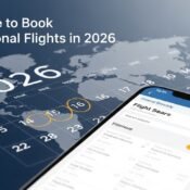 Calendar showing best months to book international flights in 2026 with airplane and travel planning concept.