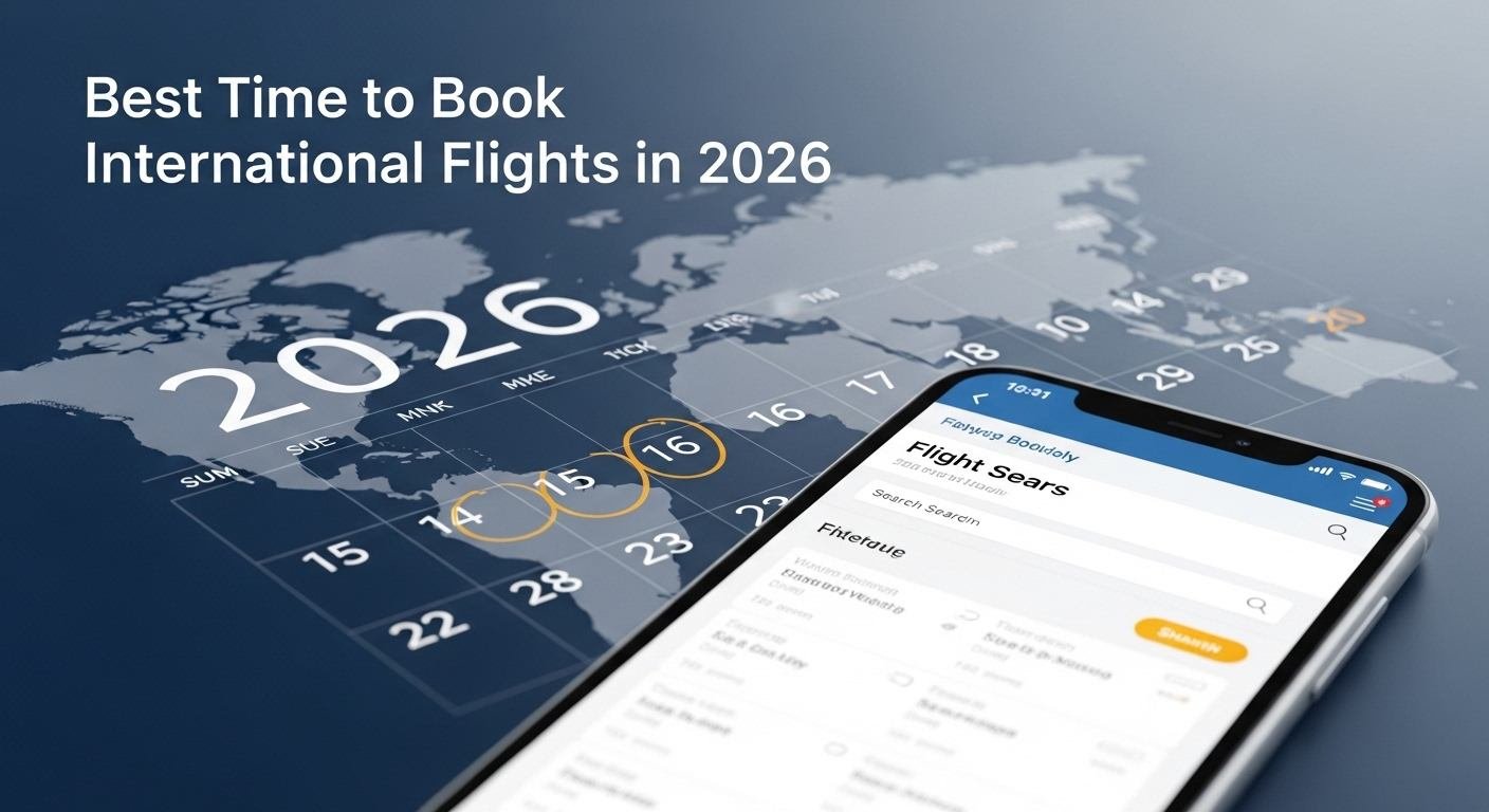 Calendar showing best months to book international flights in 2026 with airplane and travel planning concept.
