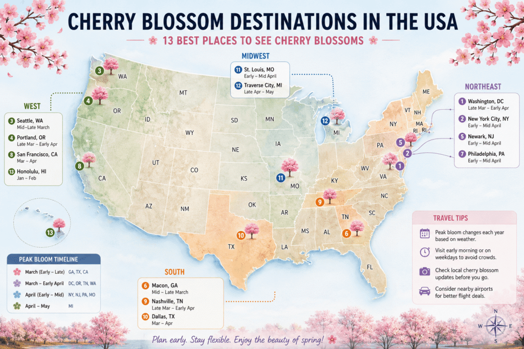 best cherry blossom destinations map in the USA with peak bloom timing