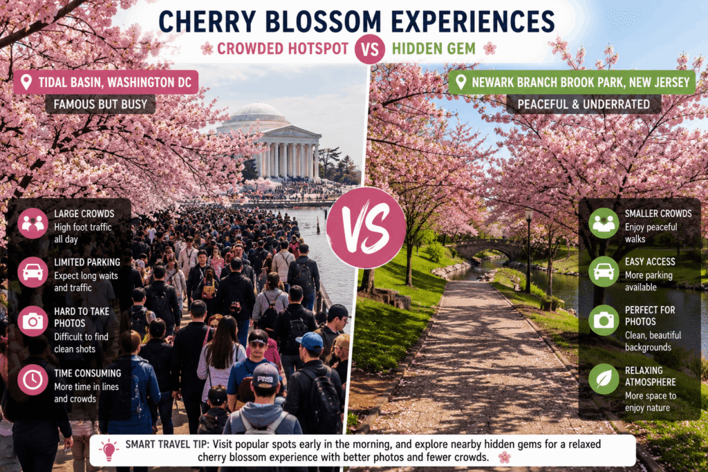 comparison between crowded Washington DC cherry blossom hotspots and peaceful Newark Branch Brook Park during spring bloom season