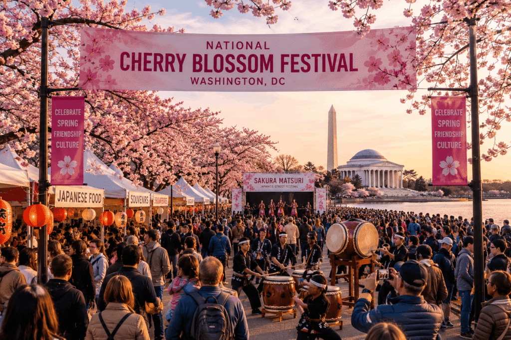 crowds enjoying the National Cherry Blossom Festival in Washington DC during peak bloom season