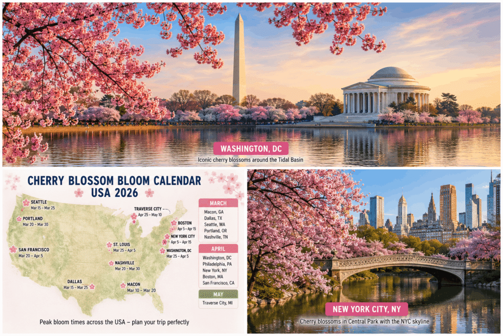 Washington DC and New York City cherry blossom bloom calendar and spring travel infographic